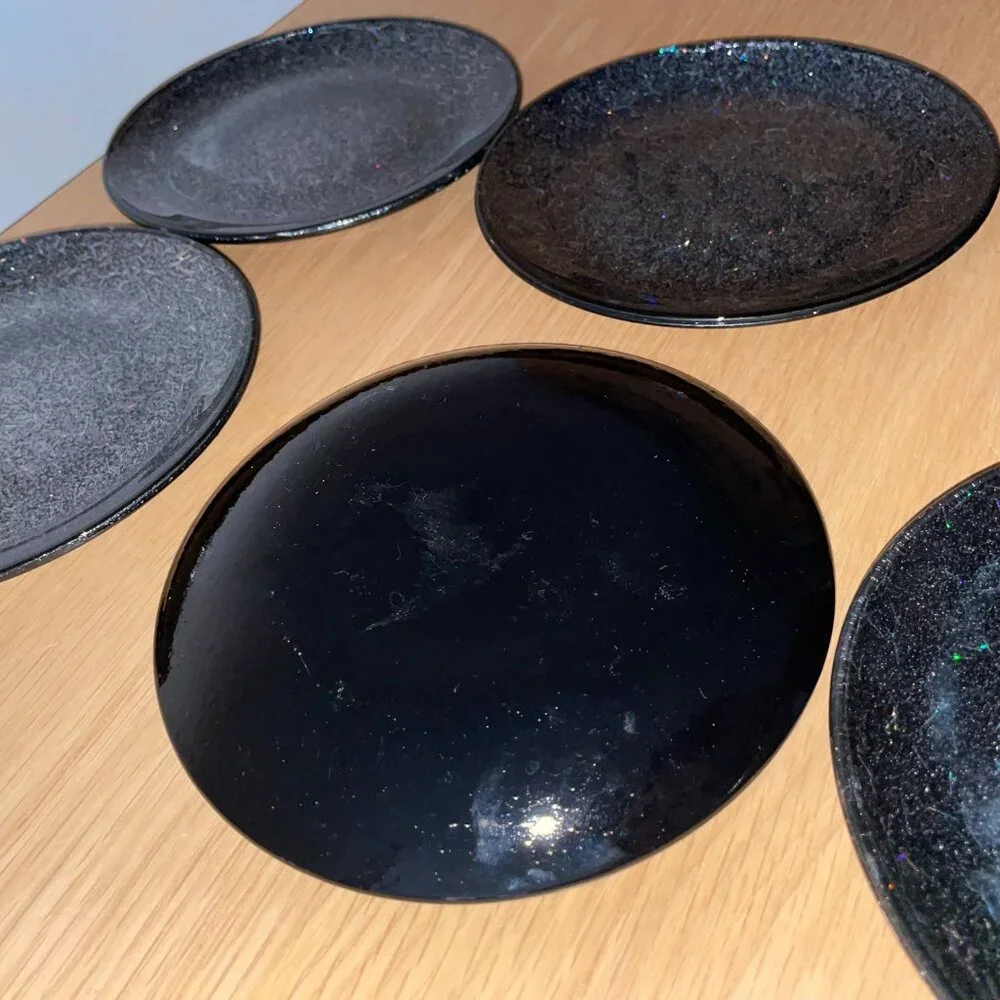 Crate&Barrel Glitter Appetizer Black 6 inch Dessert Plates, Set of 6, BRAND NEW